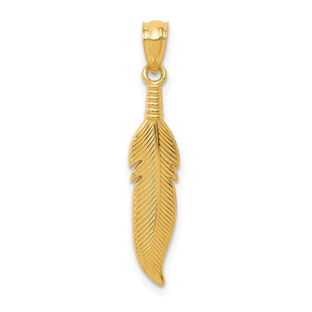 14k Yellow Gold Feather Pendant, 5 x 29mm